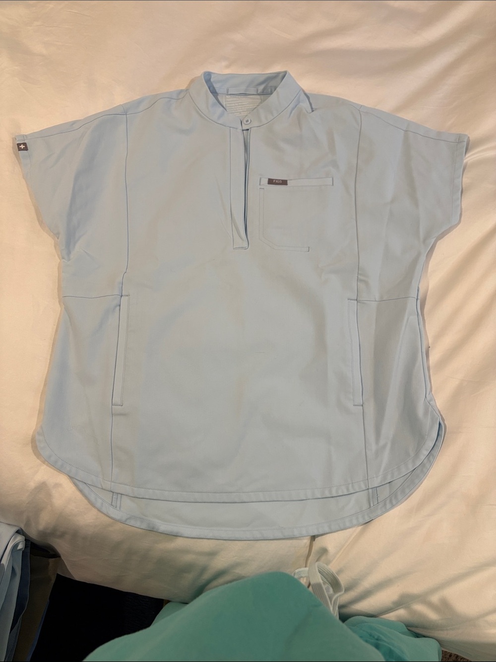 Figs Light Blue Short-Sleeve Collarless Button-Down Top